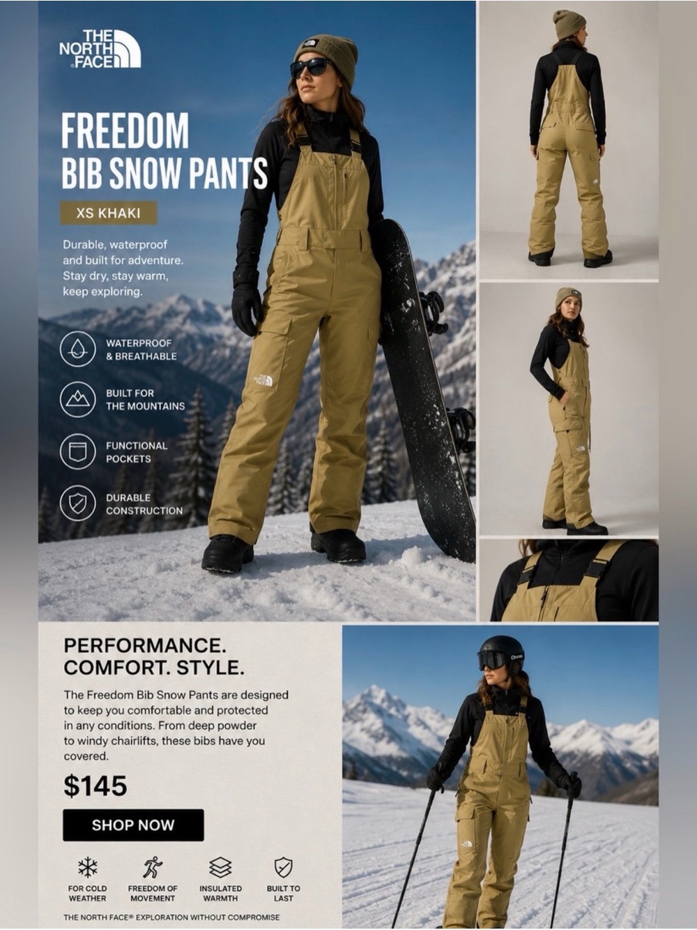 The North Face Beige Snow Bib Overalls